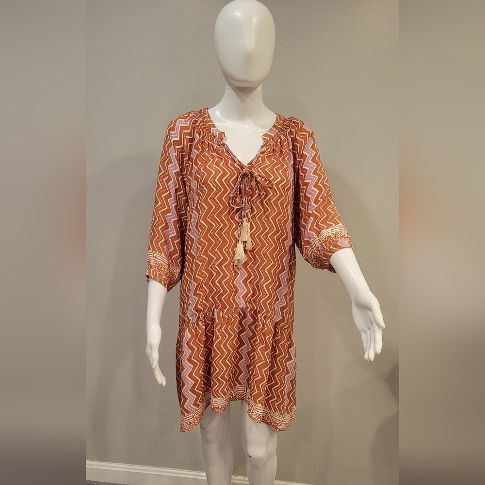 Natalie Martin Orange Pink 100% Silk Midi Dress sizeXS Tassel (Worn on TV Style)